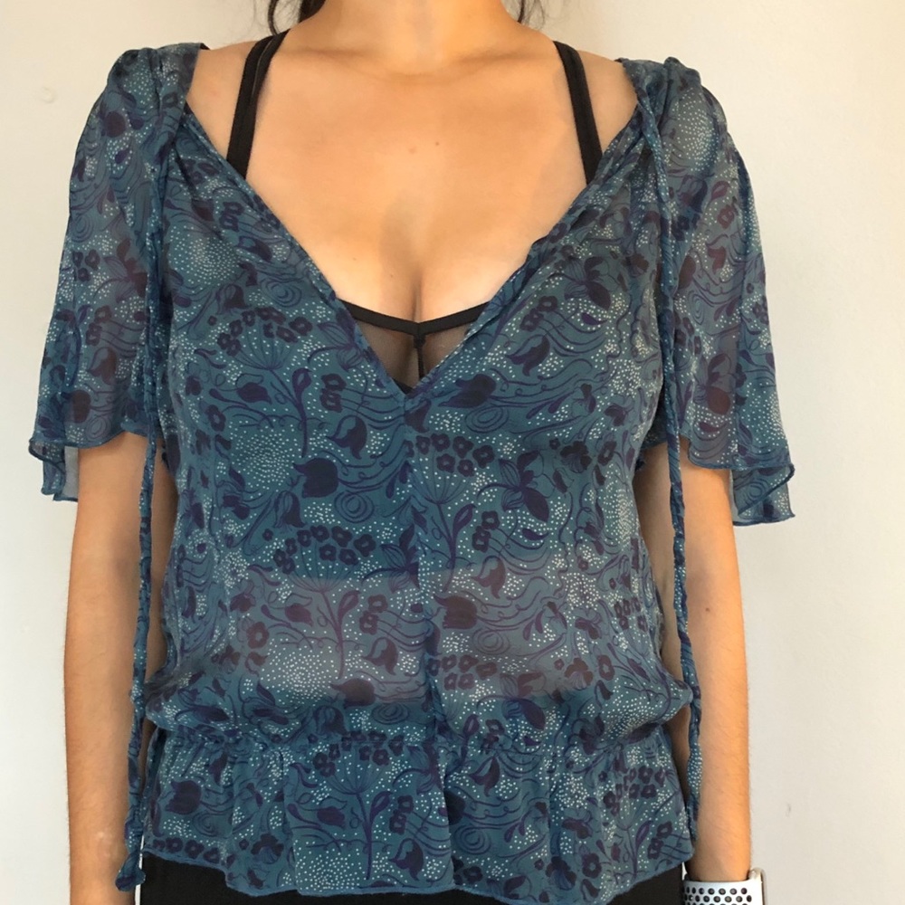 Sheer blue 100% silk paisley print blouse